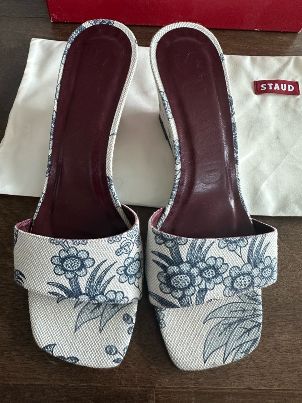 STAUD Cream and Blue Floral Canvas Wedge Sandals - Picture 2 of 10